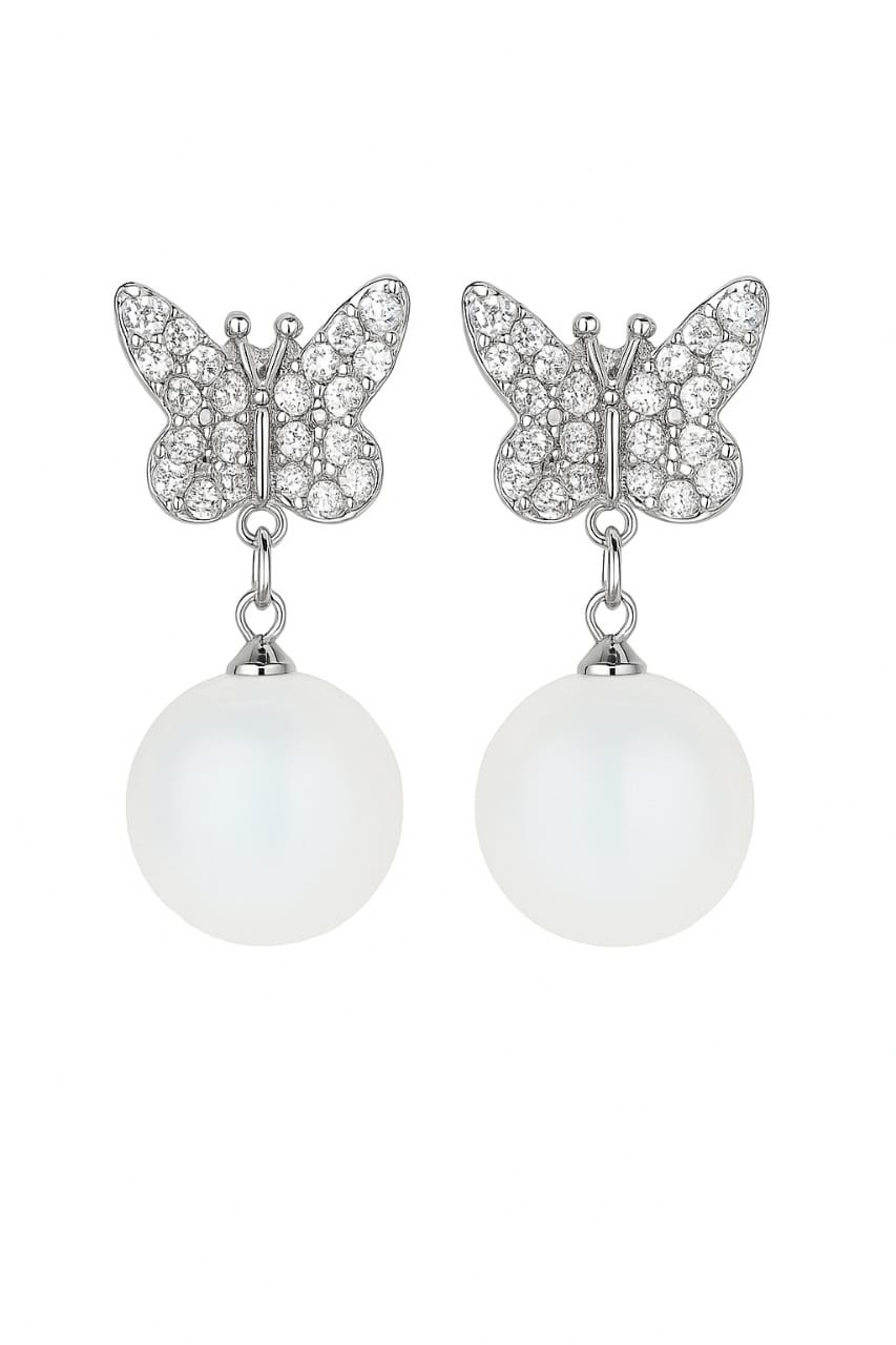Elegant Crystal Butterfly Stud Drop Earrings with White Pearl (or similar, such as Korean/Trendy Style)